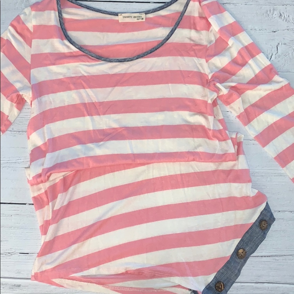 3/4 Sleeve Pink and White Striped Top